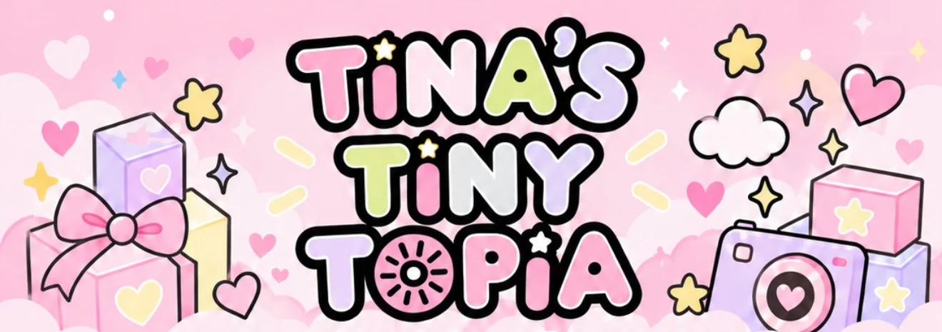 Tina's Tiny Topia illustrated pastel logo with gifts, a camera, hearts and stars